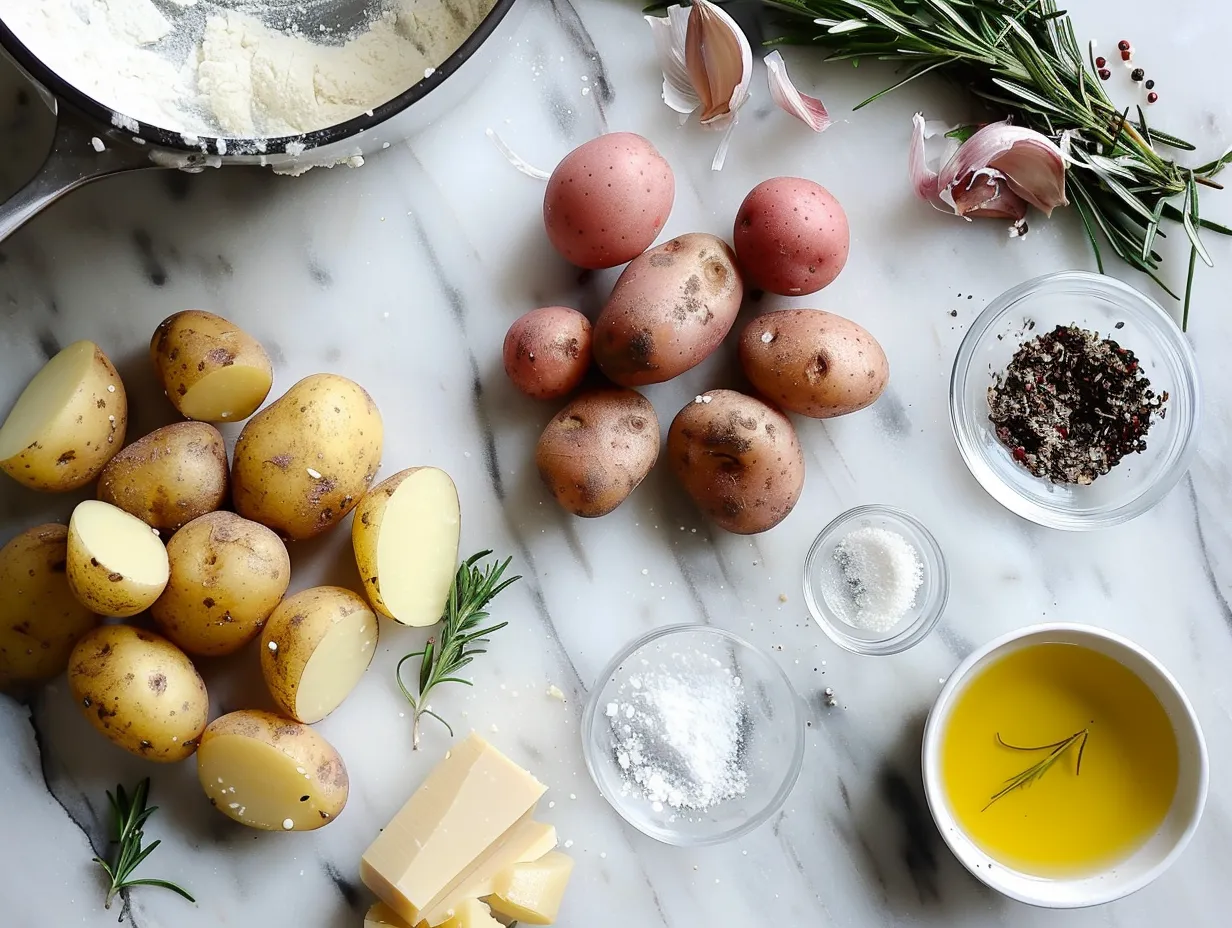 Ingredients for Crock Pot Crack Potato Soup, including potatoes, onions, garlic, chicken broth, cream cheese, sour cream, bacon, cheddar cheese, and green onions