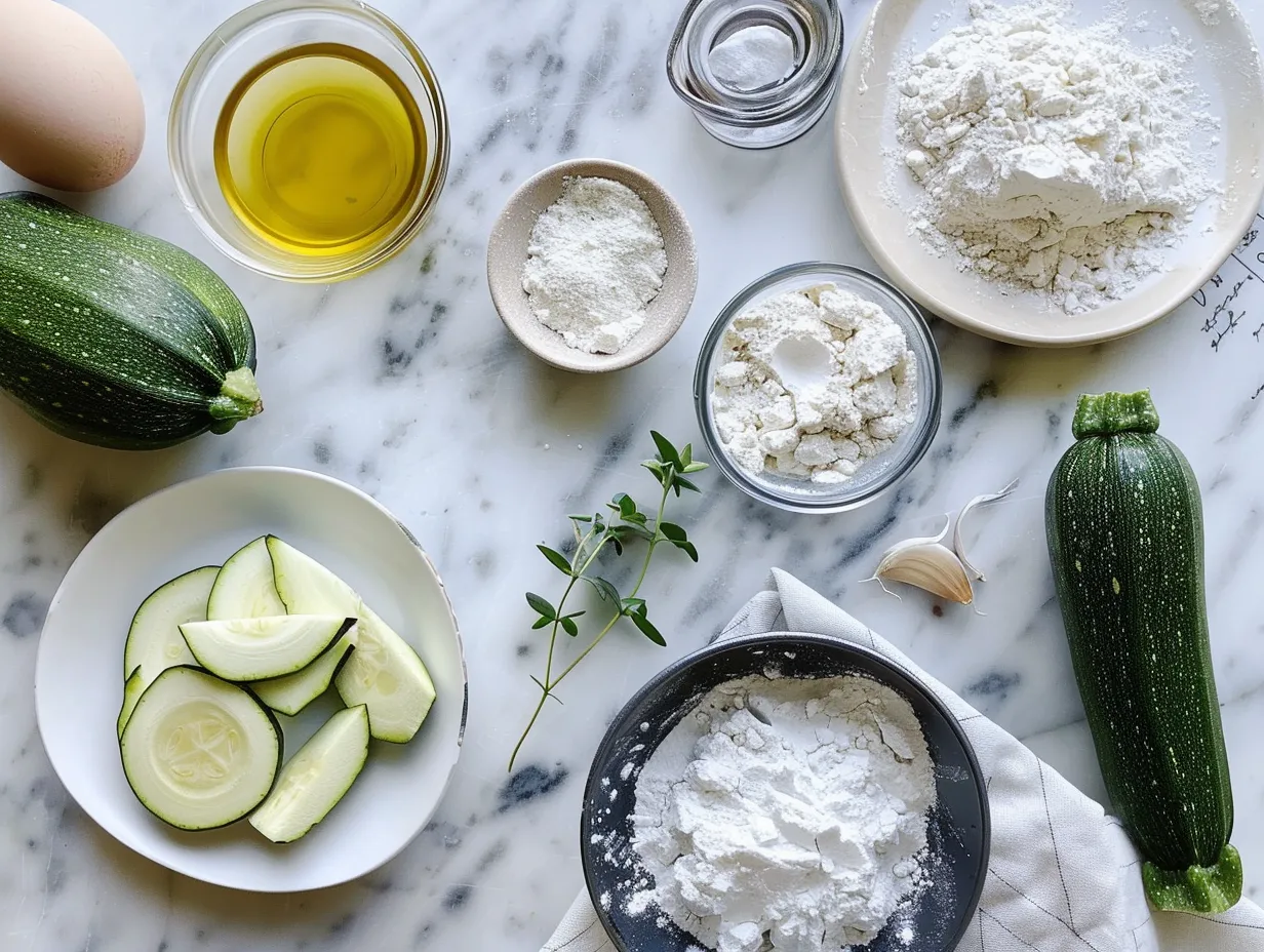 Ingredients for making Greek yogurt zucchini bread displayed on a wooden countertop.