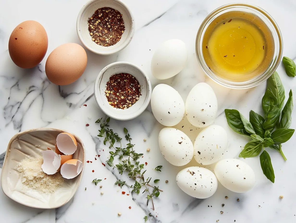Ingredients for hot honey mozzarella eggs, including eggs, mozzarella, hot honey, and spices.