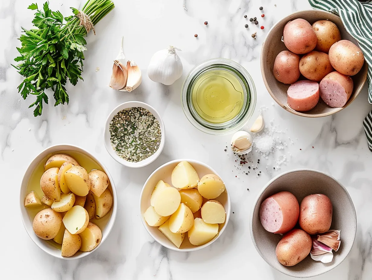 Ingredients for Kielbasa Potato Soup including kielbasa, potatoes, onion, garlic, broth, milk, oil, and spices