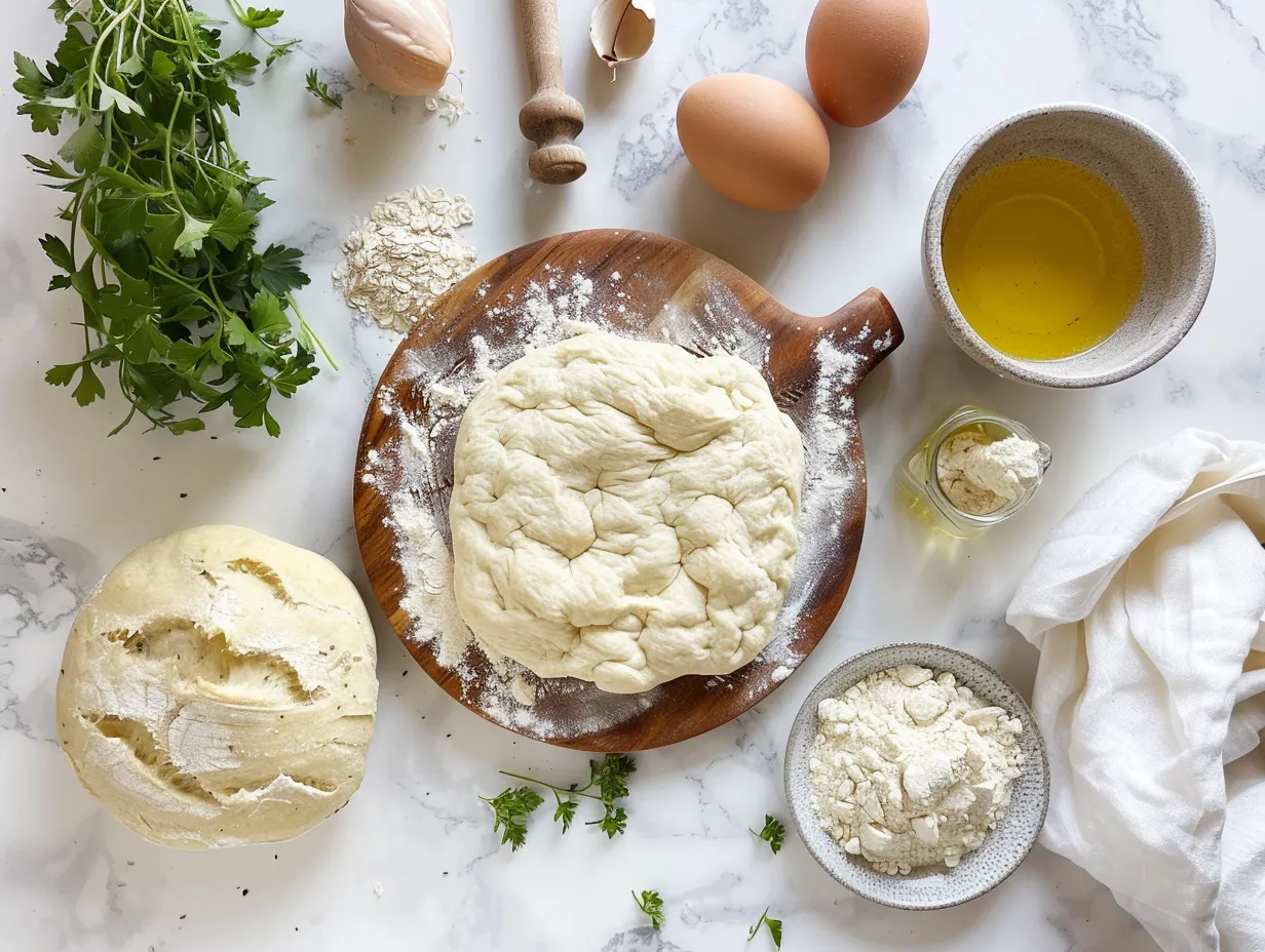 Ingredients for making overnight no knead focaccia bread, including flour, yeast, salt, olive oil, and optional toppings.