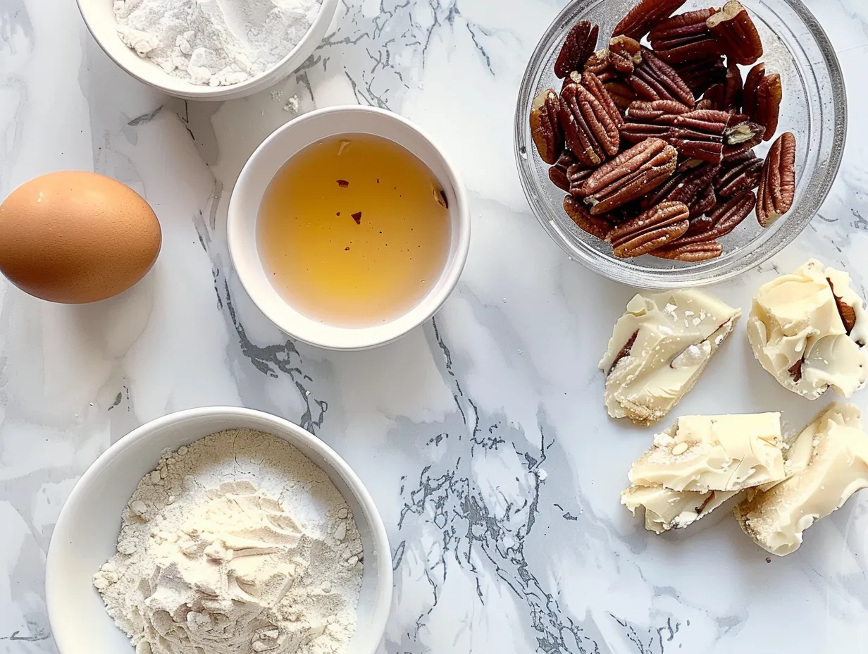 Ingredients for making homemade Salted Maple Pecan Pie Bars including flour, butter, sugar, maple syrup, pecans and spices.
