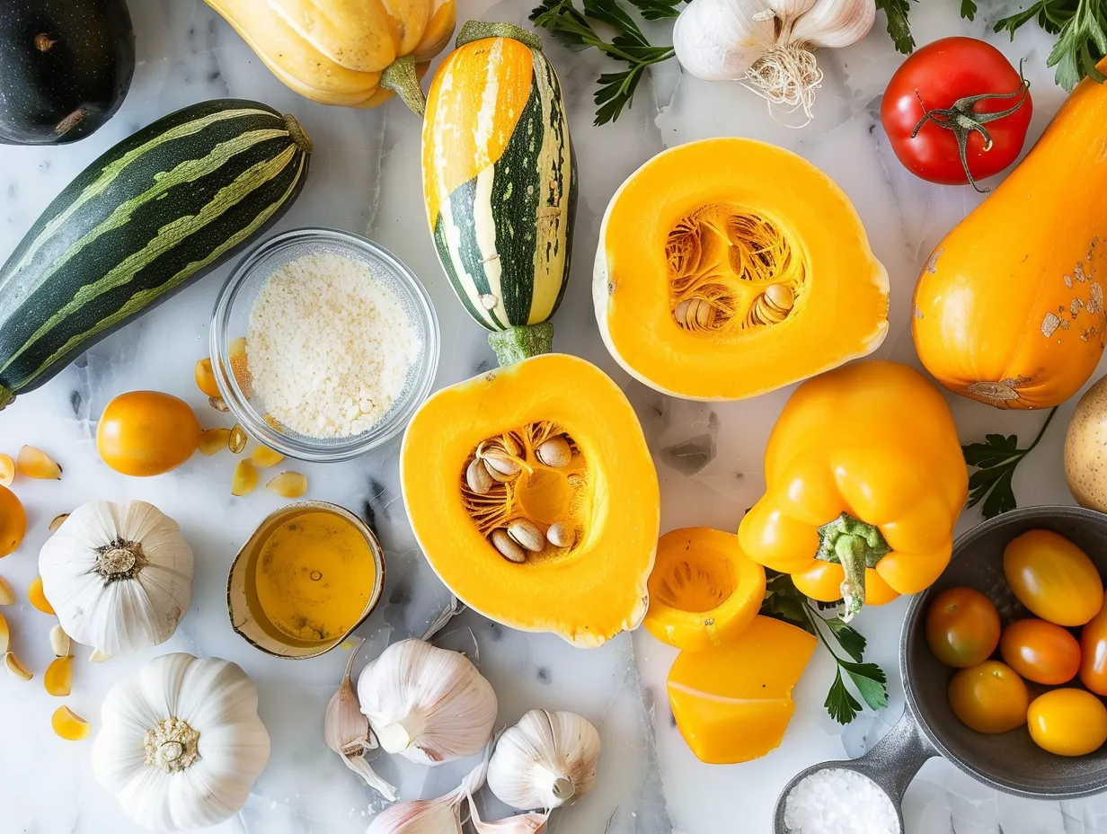Ingredients for making a Southern Squash Casserole, including squash, onion, butter, cream of chicken soup, sour cream, cheese, milk, and crackers.
