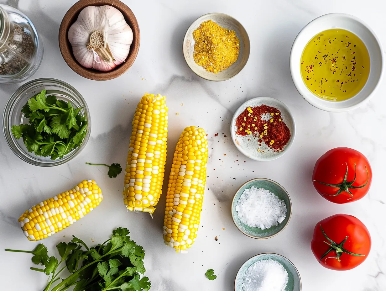 Ingredients for Spicy Mexican Corn Bites Recipe including corn, bell pepper, onion, cilantro, eggs, flour, cheese, and spices