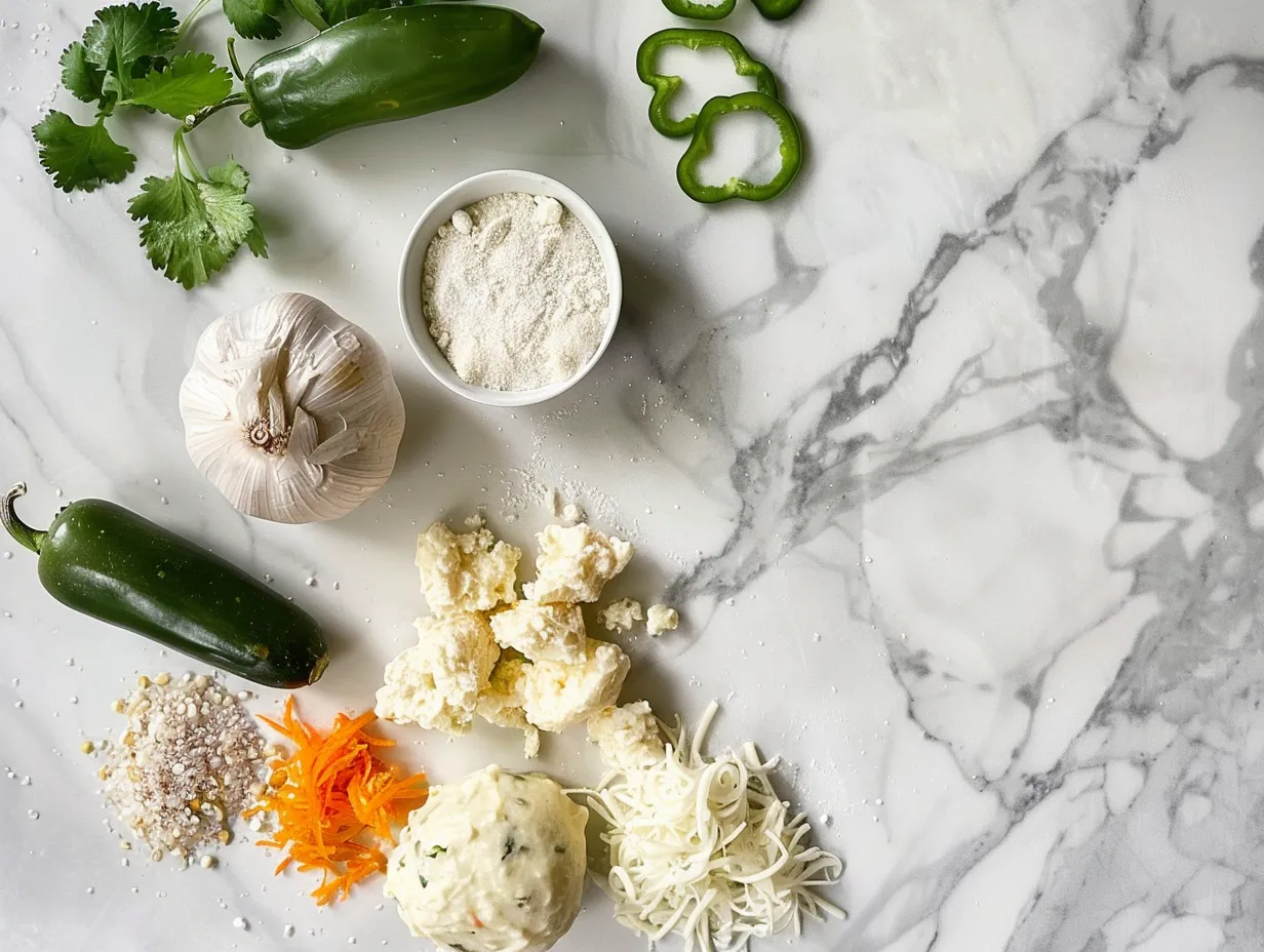 Ingredients for making jalapeno popper cheese ball: cream cheese, cheddar cheese, bacon, jalapenos, Greek yogurt, green onions, garlic powder, smoked paprika, salt, pepper, and crushed whole-wheat crackers