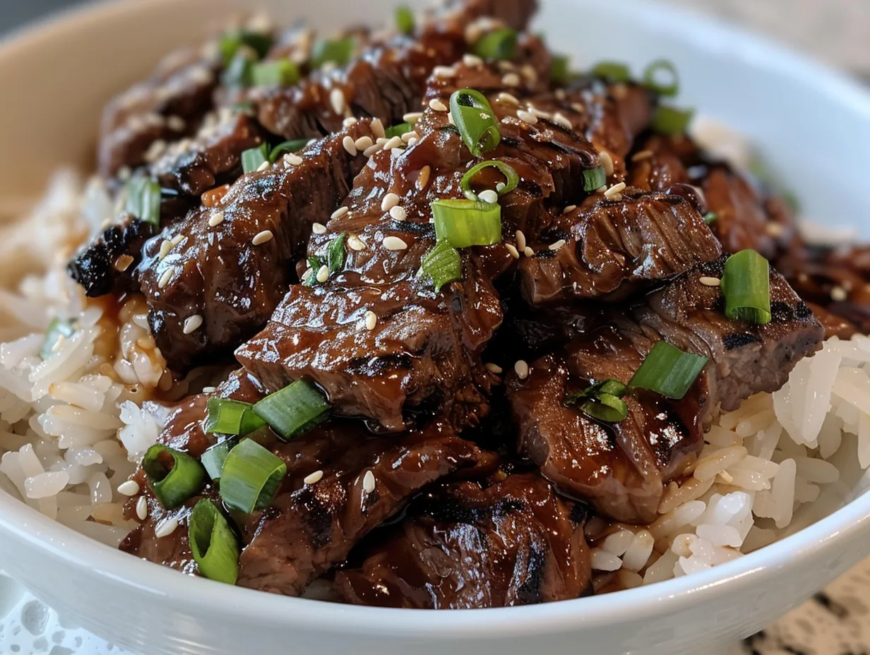 A Korean BBQ Beef Bowl topped with sesame seeds, showcasing a delicious and nutritious meal option.