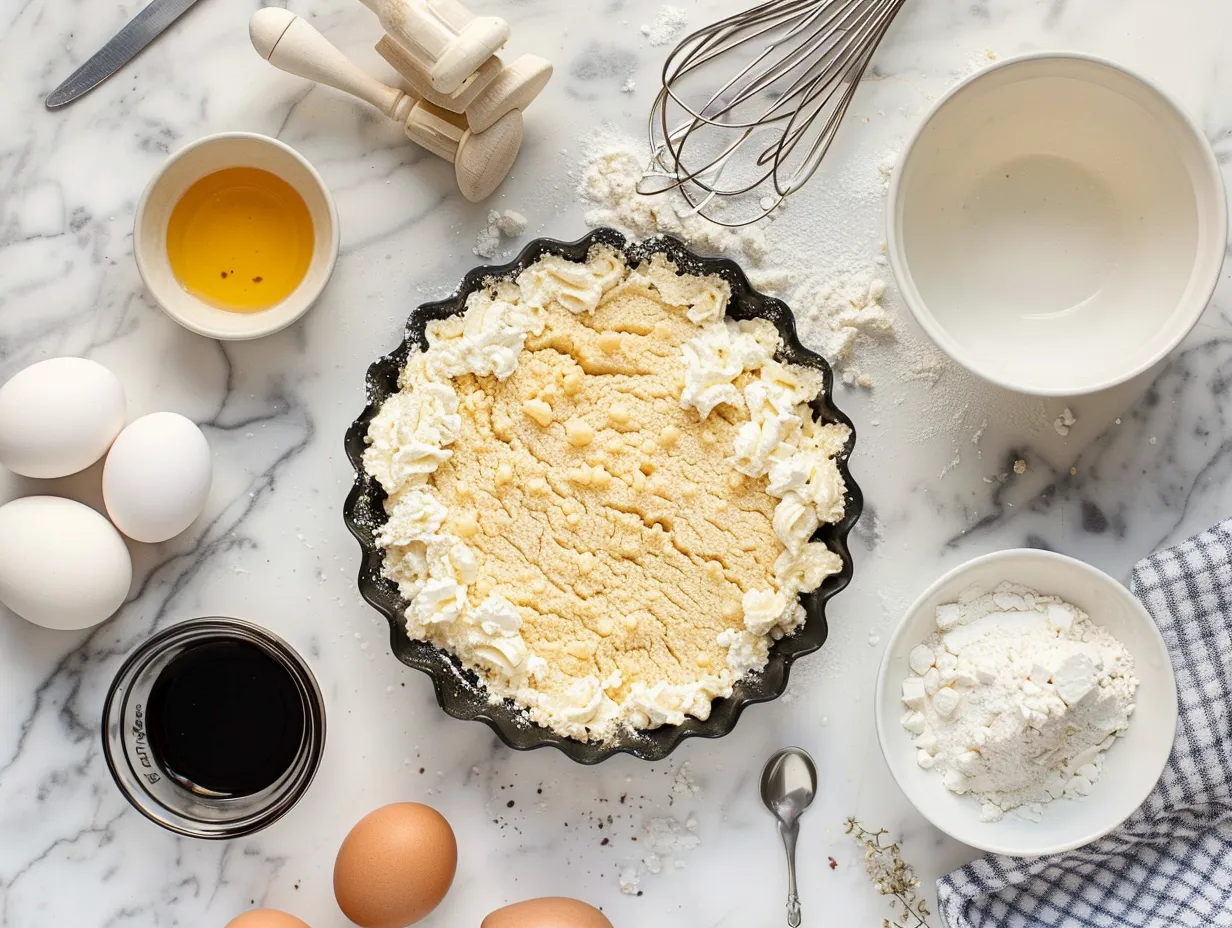 Ingredients for making Maple Cream Pie including graham crackers, butter, maple syrup, cream, milk, egg yolks, vanilla, and salt