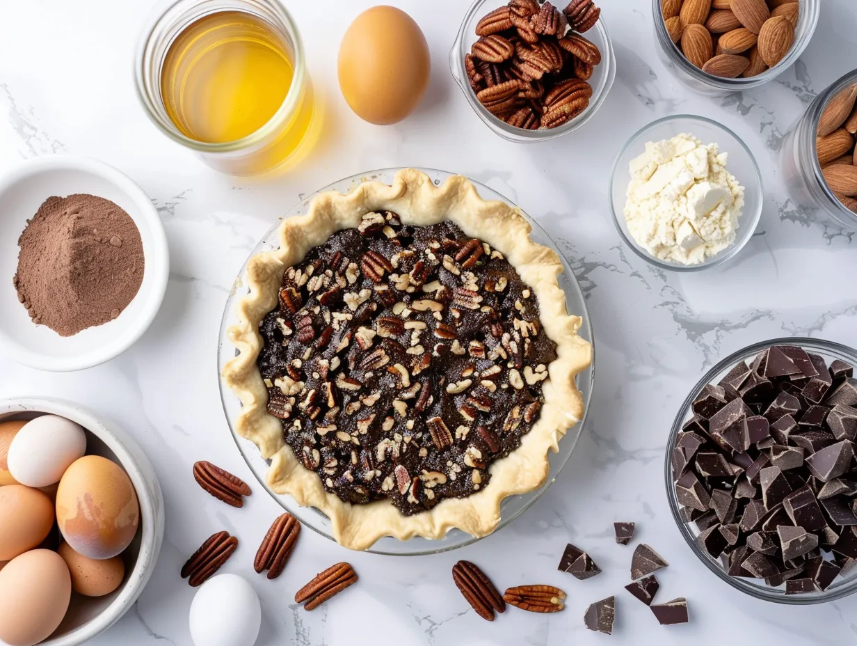 Overhead view of Layered Chocolate Pecan Pie ingredients arranged on a marble surface.