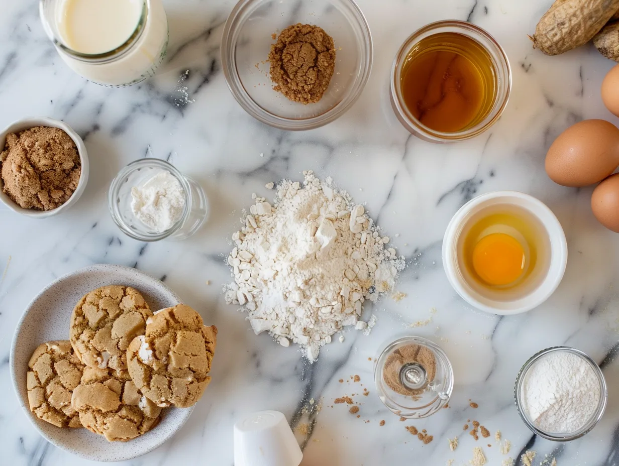 Ingredients for homemade soft peanut butter cookies: peanut butter, sugar, egg, vanilla, baking soda, and salt