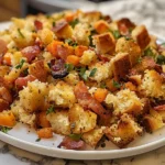 Plate of golden brown Bacon Cornbread Stuffing