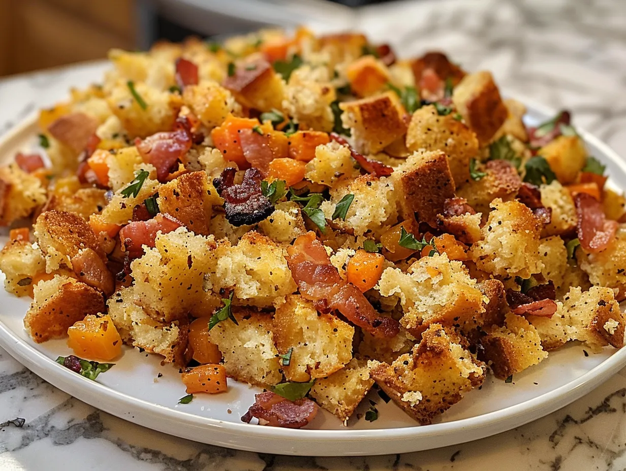 Golden brown Bacon Cornbread Stuffing on a plate