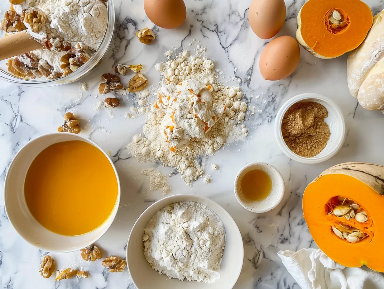 Ingredients for making a Pumpkin Roll arranged on a marble surface