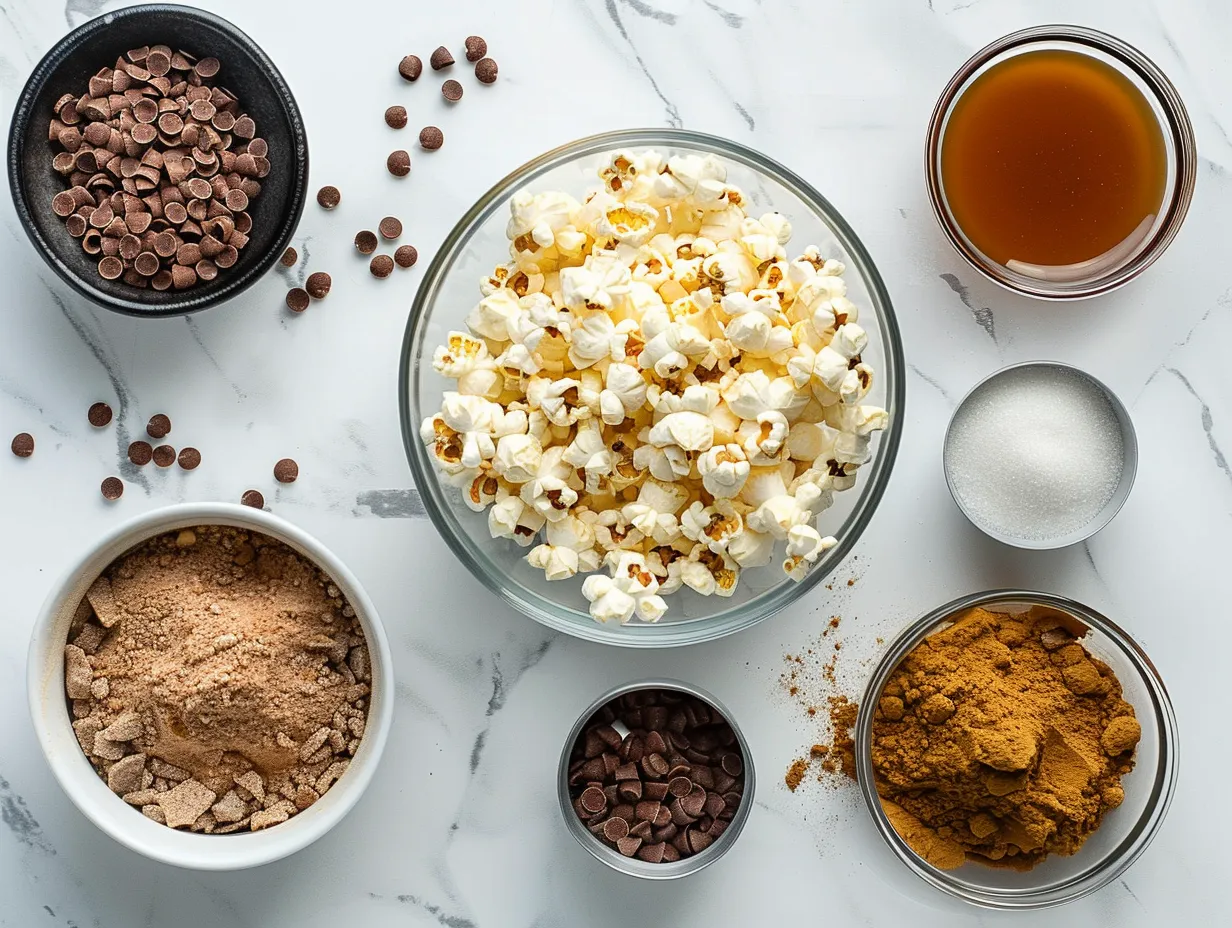 Ingredients for Pumpkin Spice Popcorn Recipe laid out on a wooden surface