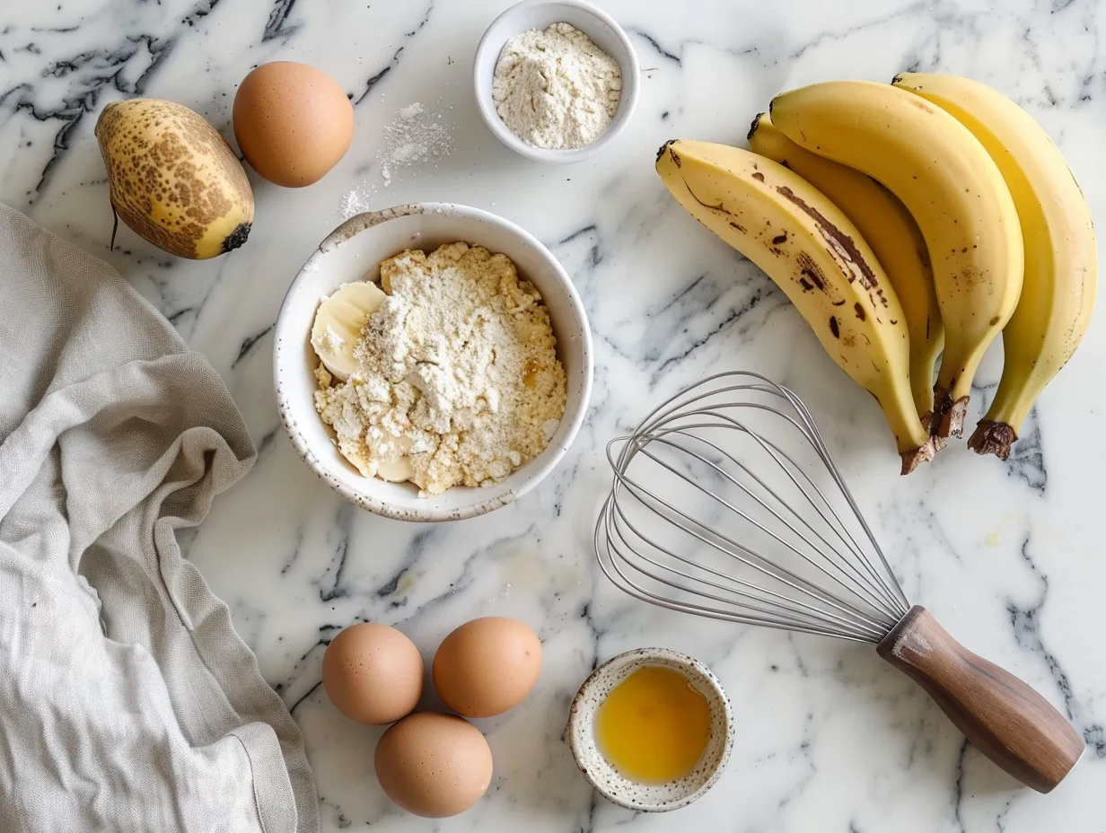Raw banana bread ingredients on a marble surface, including bananas, flour, sugar, eggs, and spices