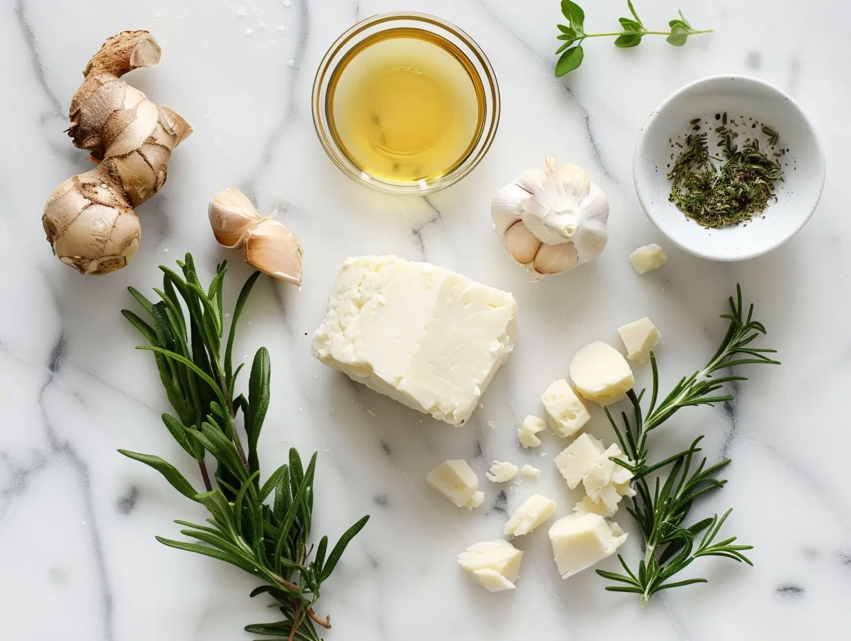 Ingredients for a homemade cheese ball: cream cheese, cheddar, feta, cranberries, walnuts, green onions, and spices.