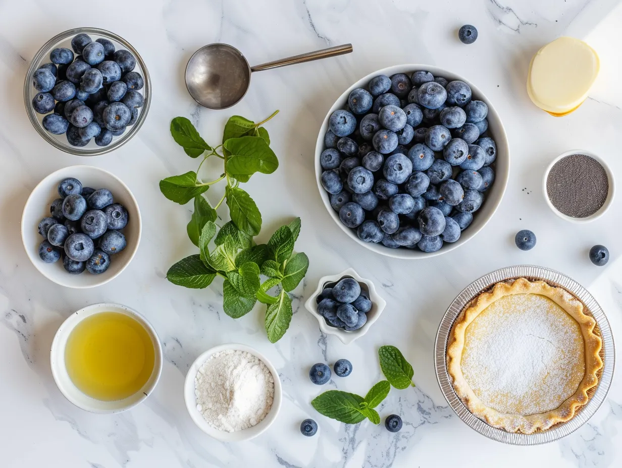 Raw ingredients for blueberry pie on a white marble surface, including blueberries, flour, sugar, lemon, and butter.