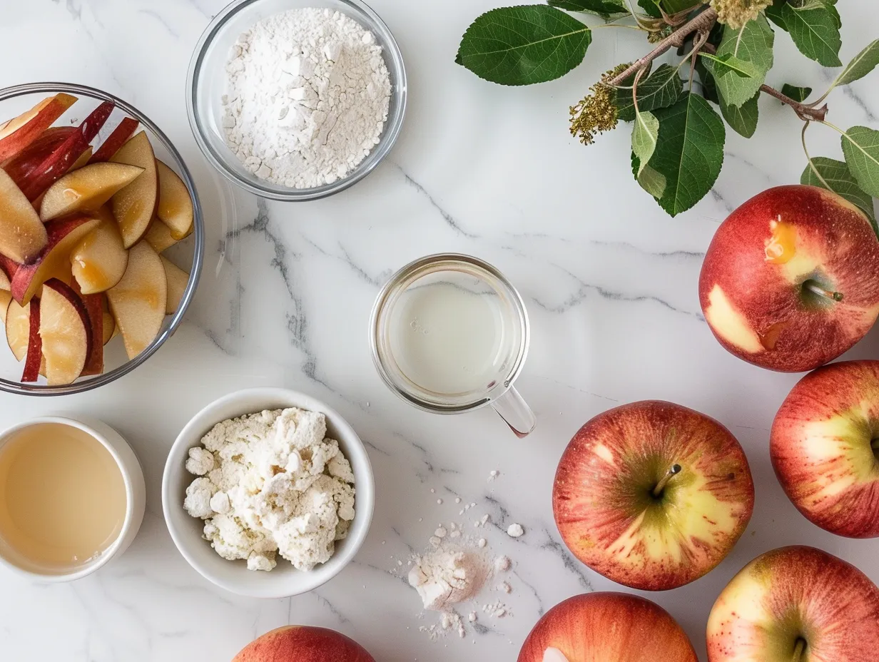 Ingredients for making Caramel Apple Cupcakes Recipe including apples, flour, sugar, and spices on a wooden table.