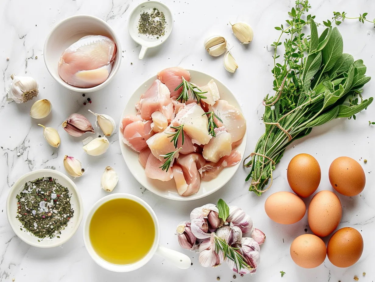 Raw ingredients for Chicken Cordon Bleu Soup recipe including chicken, ham, swiss cheese, and various vegetables.