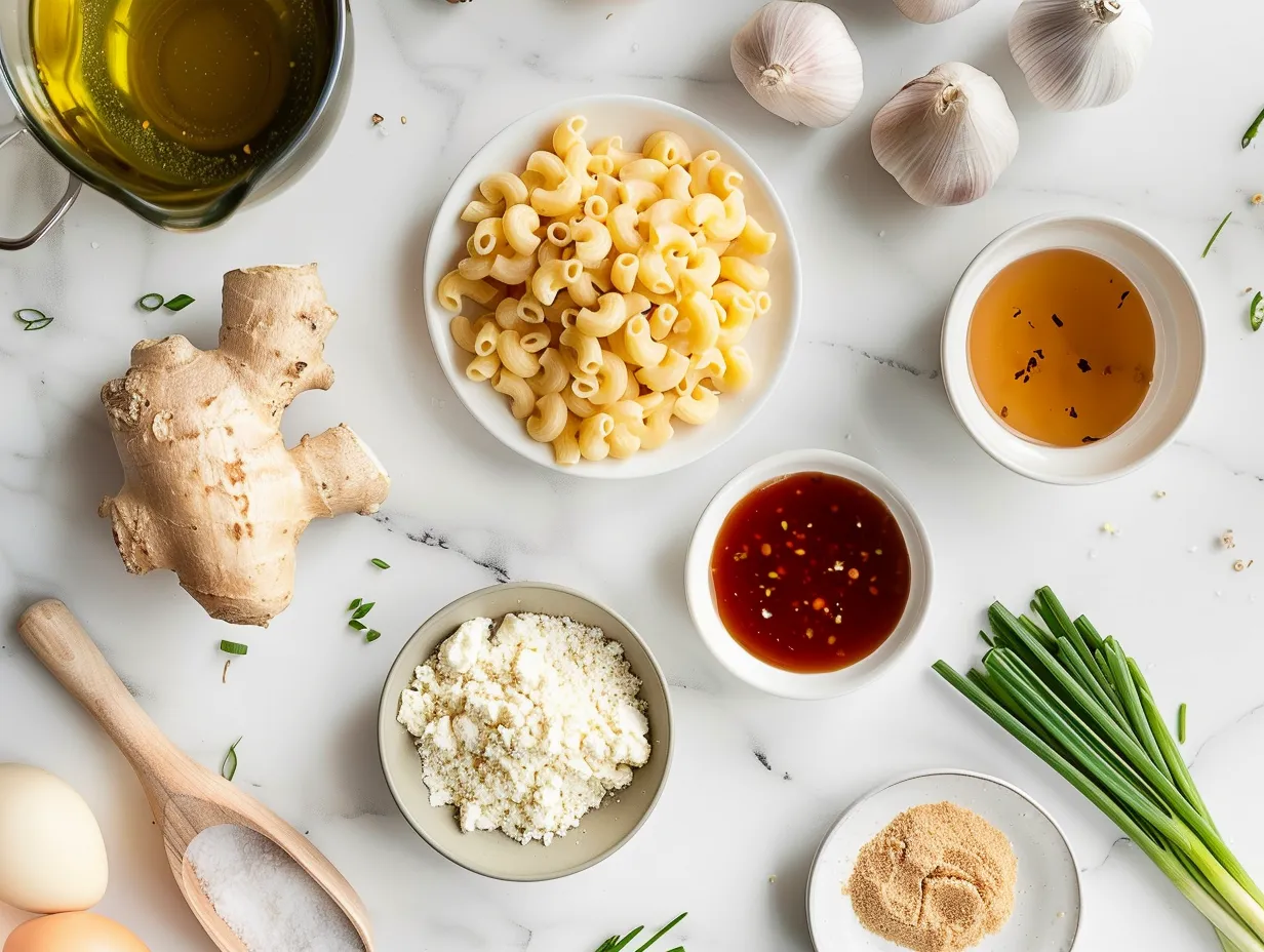 A variety of raw ingredients, including chicken, pasta, cheese, and BBQ sauce, laid out on a kitchen counter, ready to be used in a delicious Honey BBQ Chicken Mac and Cheese Recipe.