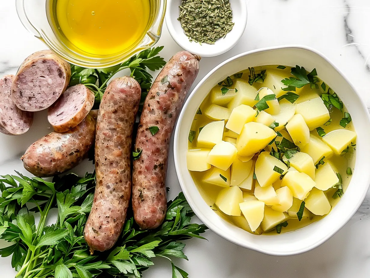 Ingredients for Italian Sausage and Potato Soup: Italian sausage, onion, garlic, chicken broth, diced tomatoes, Italian seasoning, salt, pepper, potatoes, kale, heavy cream, and parsley