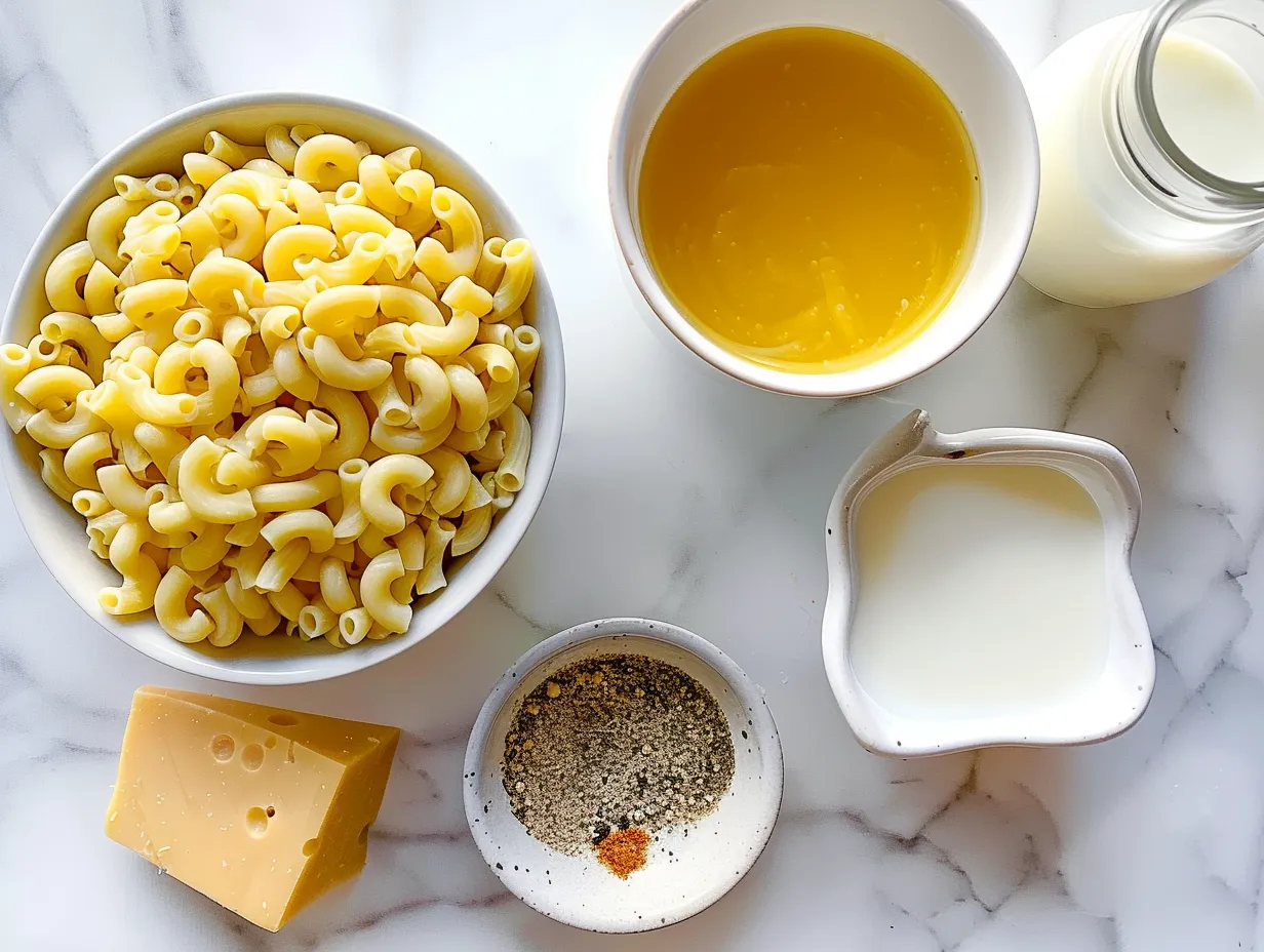 Raw ingredients for making Mac and Cheese Soup, including macaroni, cheese, and spices