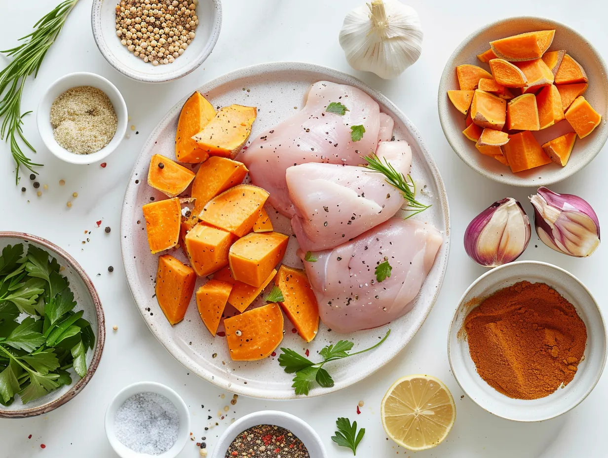 Raw ingredients for Maple-Glazed Chicken with Sweet Potatoes, including chicken breasts, sweet potatoes, and seasonings.
