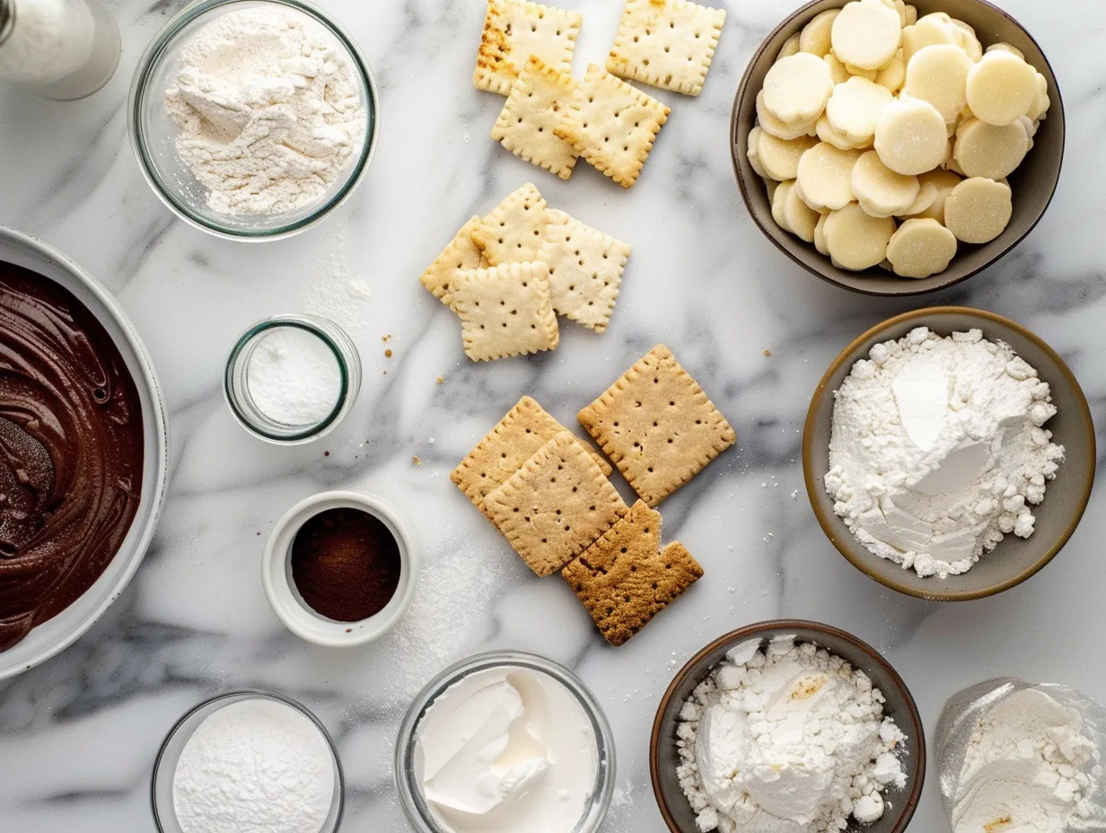 Raw ingredients for S'mores Hand Pies on a white marble surface