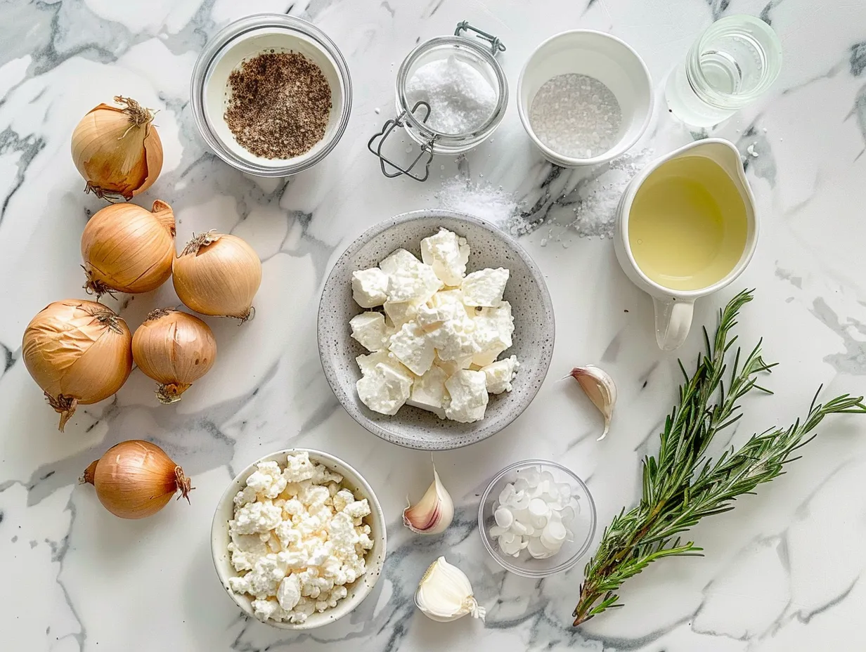 Raw ingredients for Sour Cream and Onion Chicken on a wooden cutting board including chicken breasts, sour cream, onion soup mix, milk, olive oil, salt, pepper, and green onions.