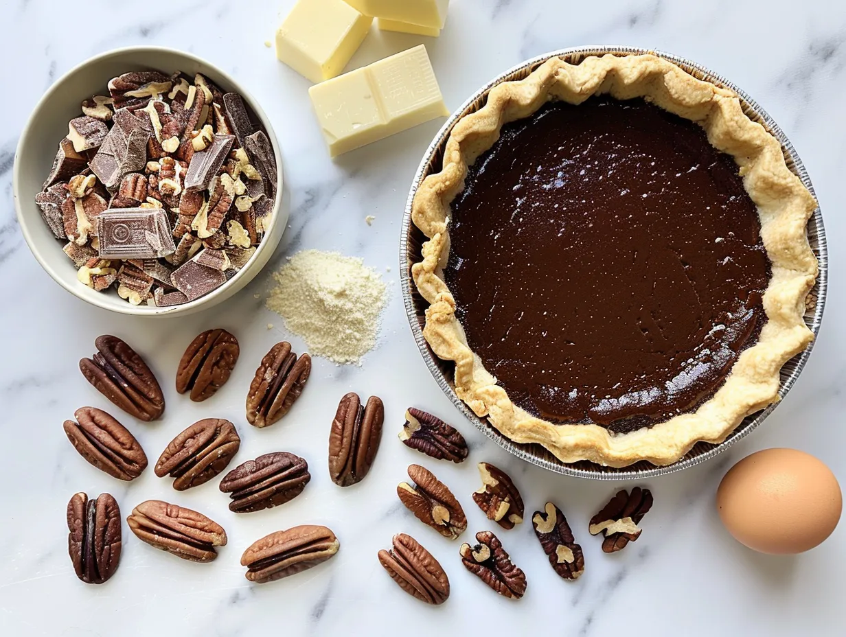 Ingredients for making Texas Chocolate Pecan Pie including pecans, chocolate chips, and other baking staples