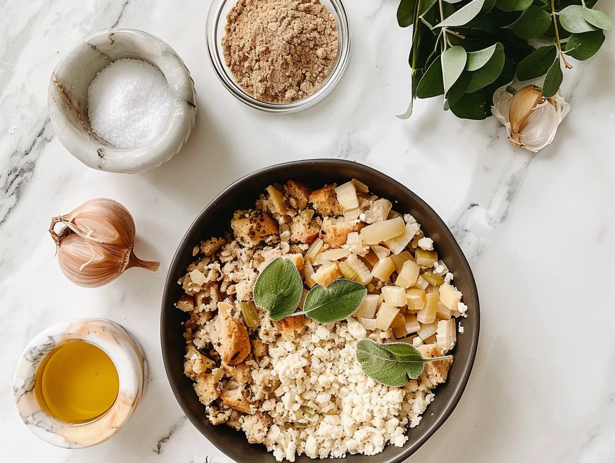 Raw ingredients for delicious turkey crockpot stuffing, ready to be combined.