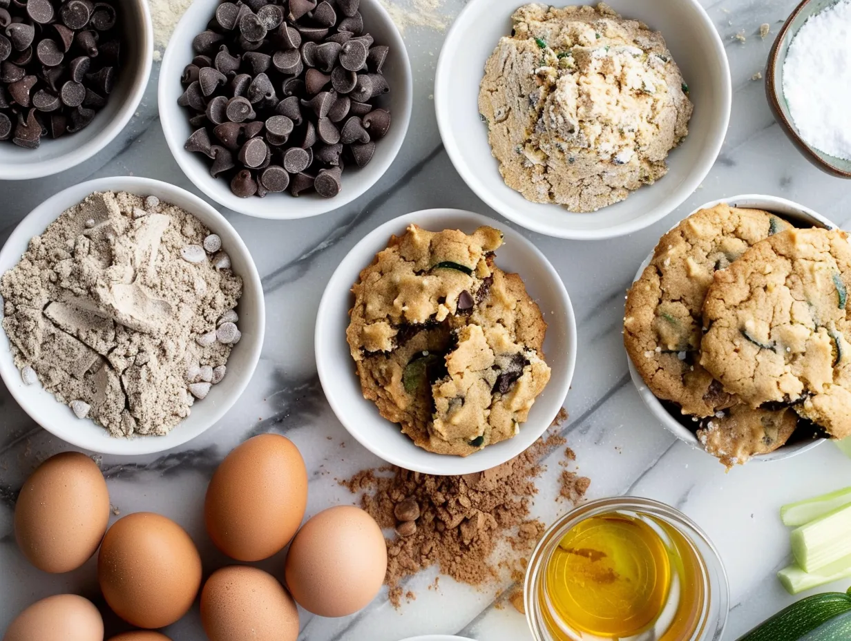 Ingredients for zucchini chocolate chip cookies including flour, sugar, zucchini and chocolate chips