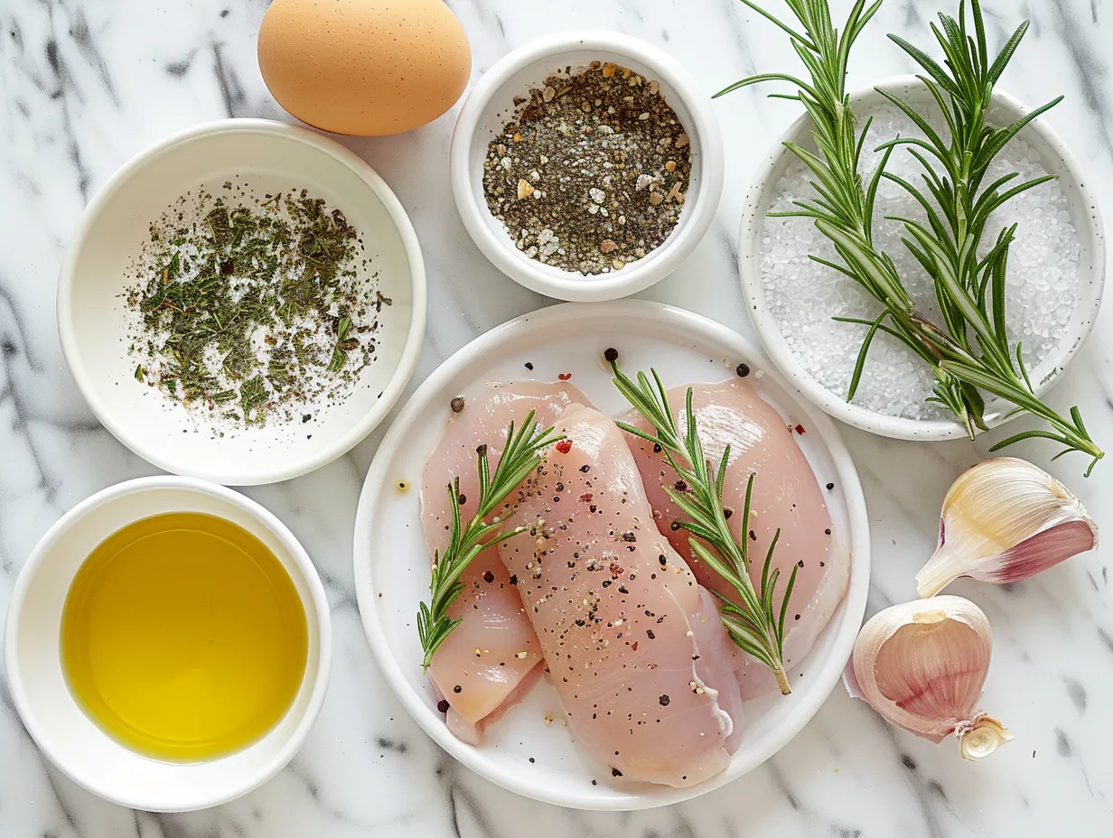 Ingredients for Rosemary Dijon Chicken: chicken breasts, Dijon mustard, rosemary, and other seasonings.