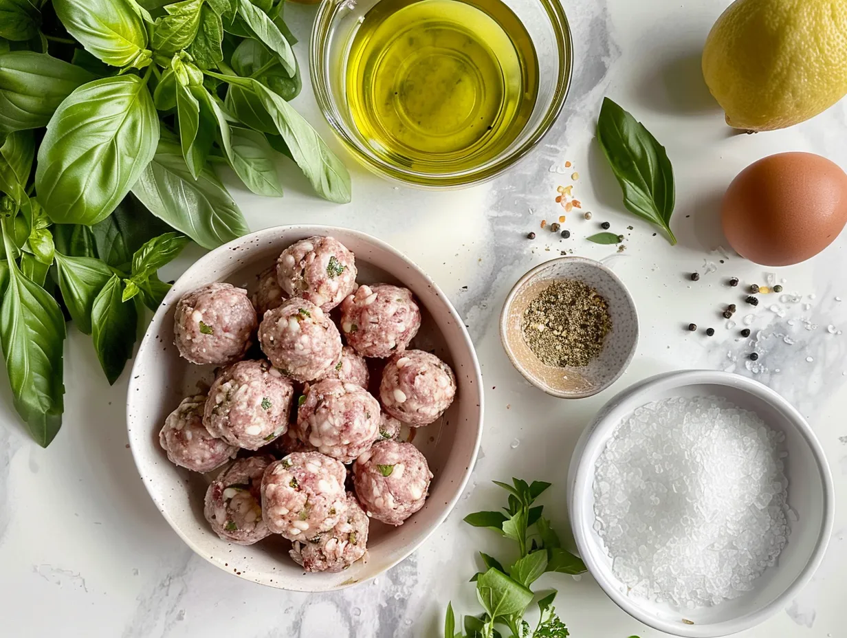 Sausage ball ingredients on white marble surface