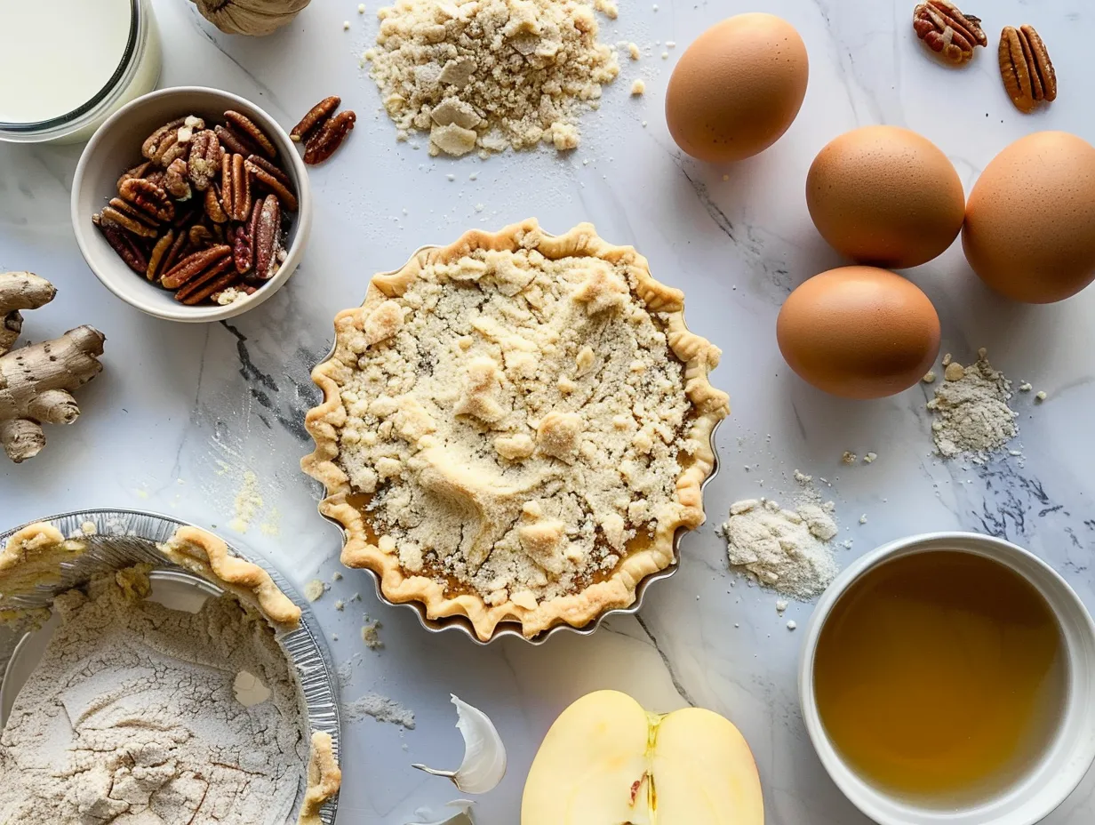 Ingredients for making Kentucky Sawdust Pie including pie crust, sugar, butter, eggs, vanilla, pecans, flour, and salt