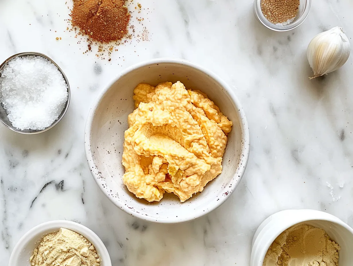 Ingredients for making Spicy Buffalo Chicken Dip, including shredded chicken, cream cheese, buffalo sauce, and spices