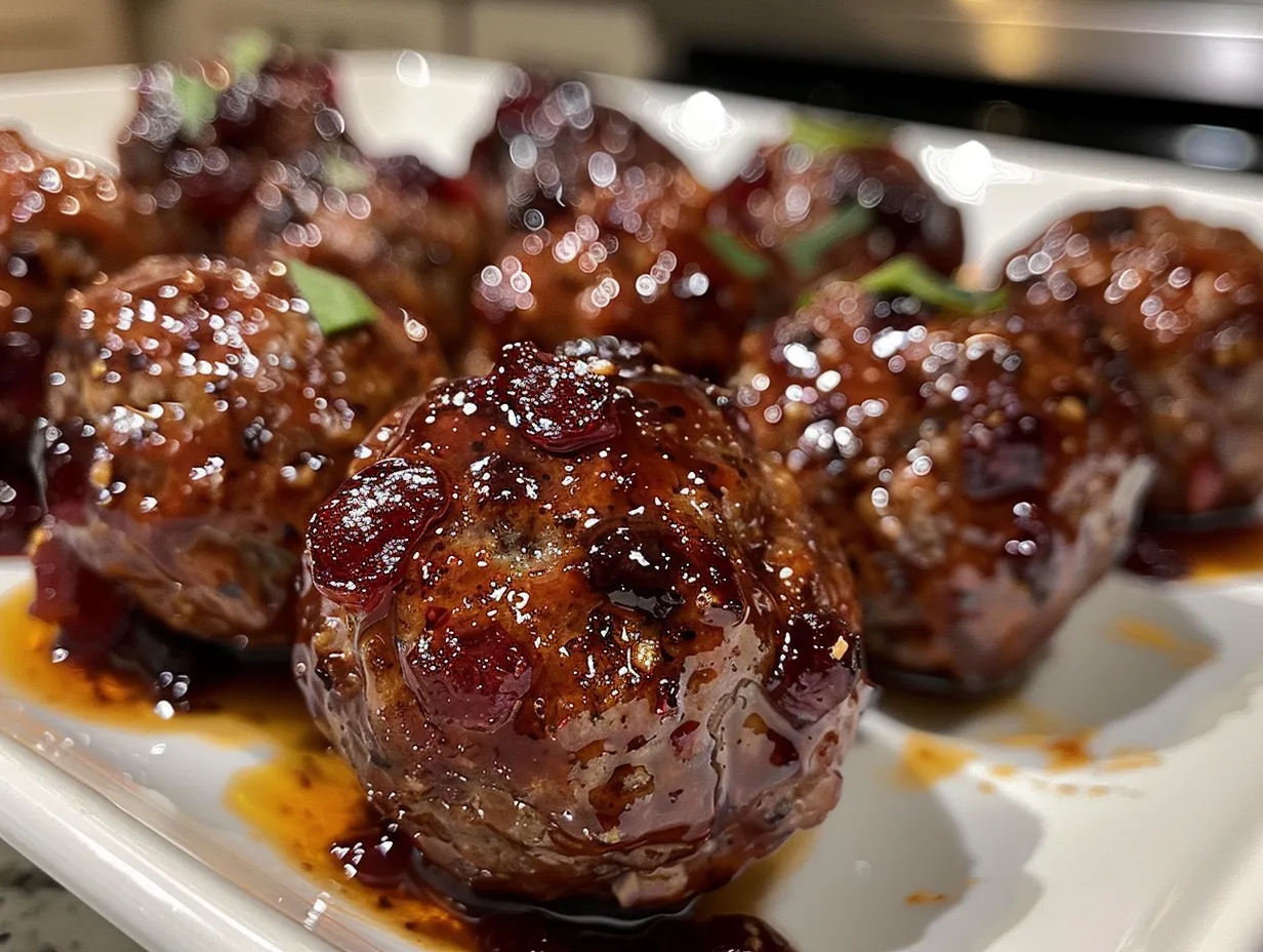 Spicy Cranberry BBQ Meatballs served as an appetizer.