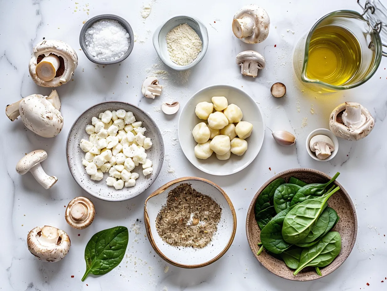 Ingredients for Creamy Spinach Mushroom Gnocchi Recipe including gnocchi, spinach, mushrooms, garlic, and cream.