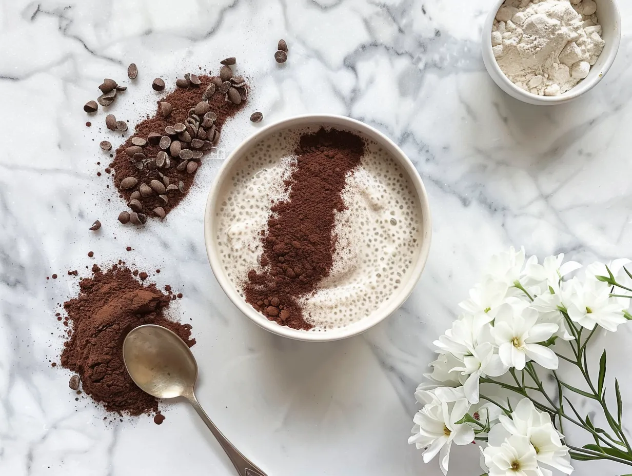 Tiramisu chia pudding ingredients: milk, chia seeds, coffee, cocoa powder, maple syrup, vanilla and almond extract.