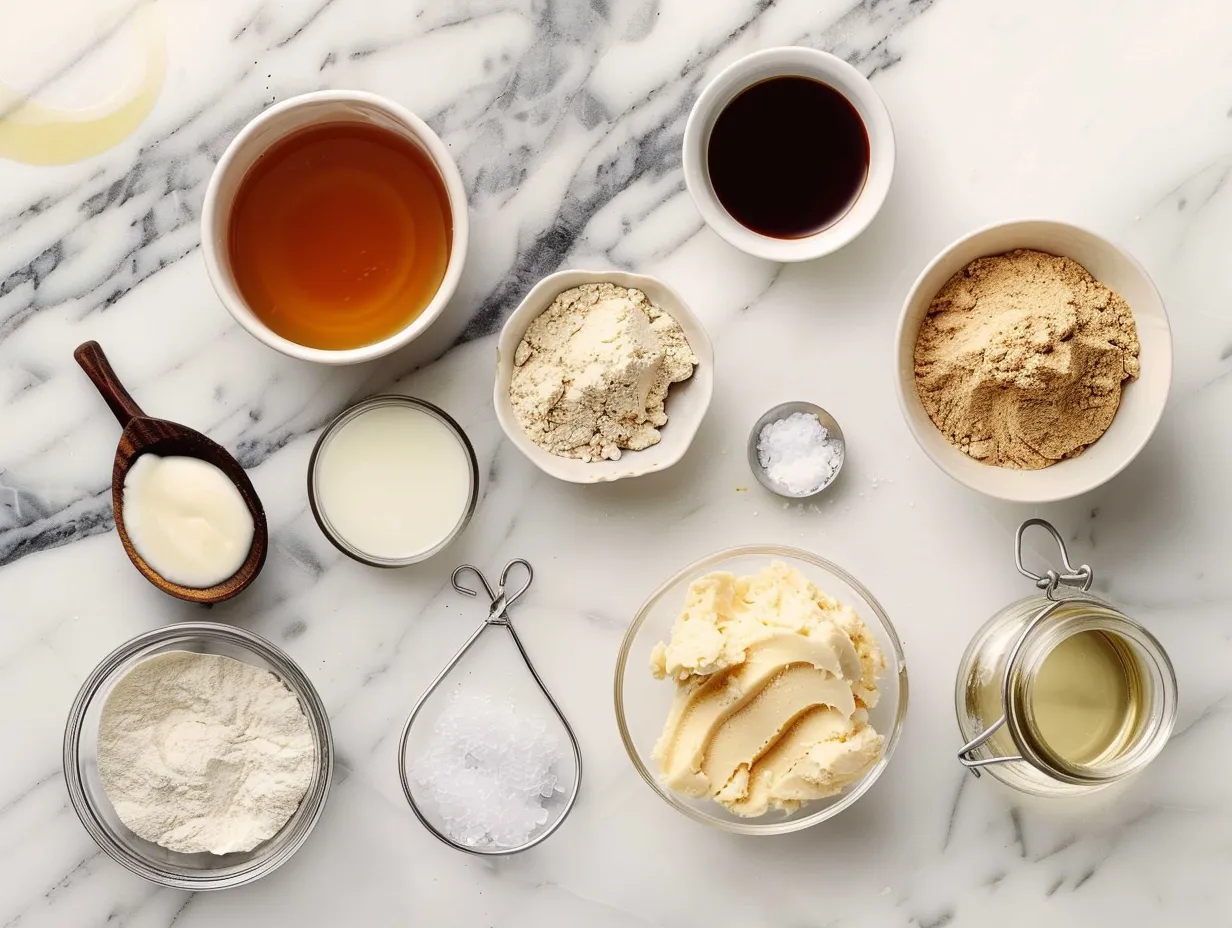 Ingredients for Vanilla Bean Brown Butter Cheesecake displayed on a white marble surface