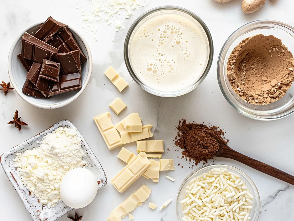 Ingredients for homemade white hot chocolate on a marble countertop