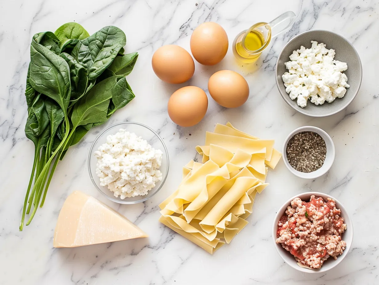 Ingredients for White Lasagna Soup on a marble countertop