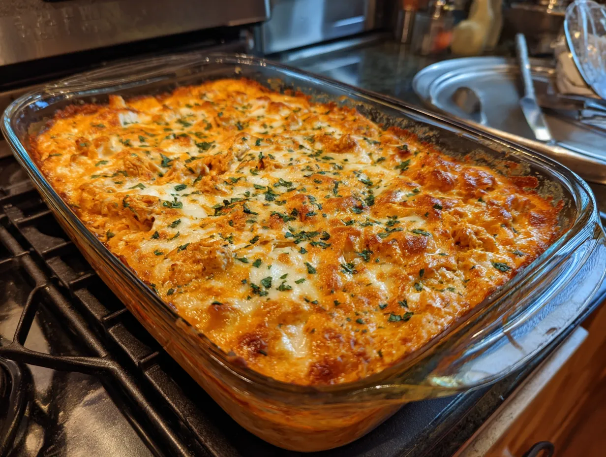 Finished buffalo chicken dip presented on a kitchen counter, bubbly and golden brown, ready to be served.
