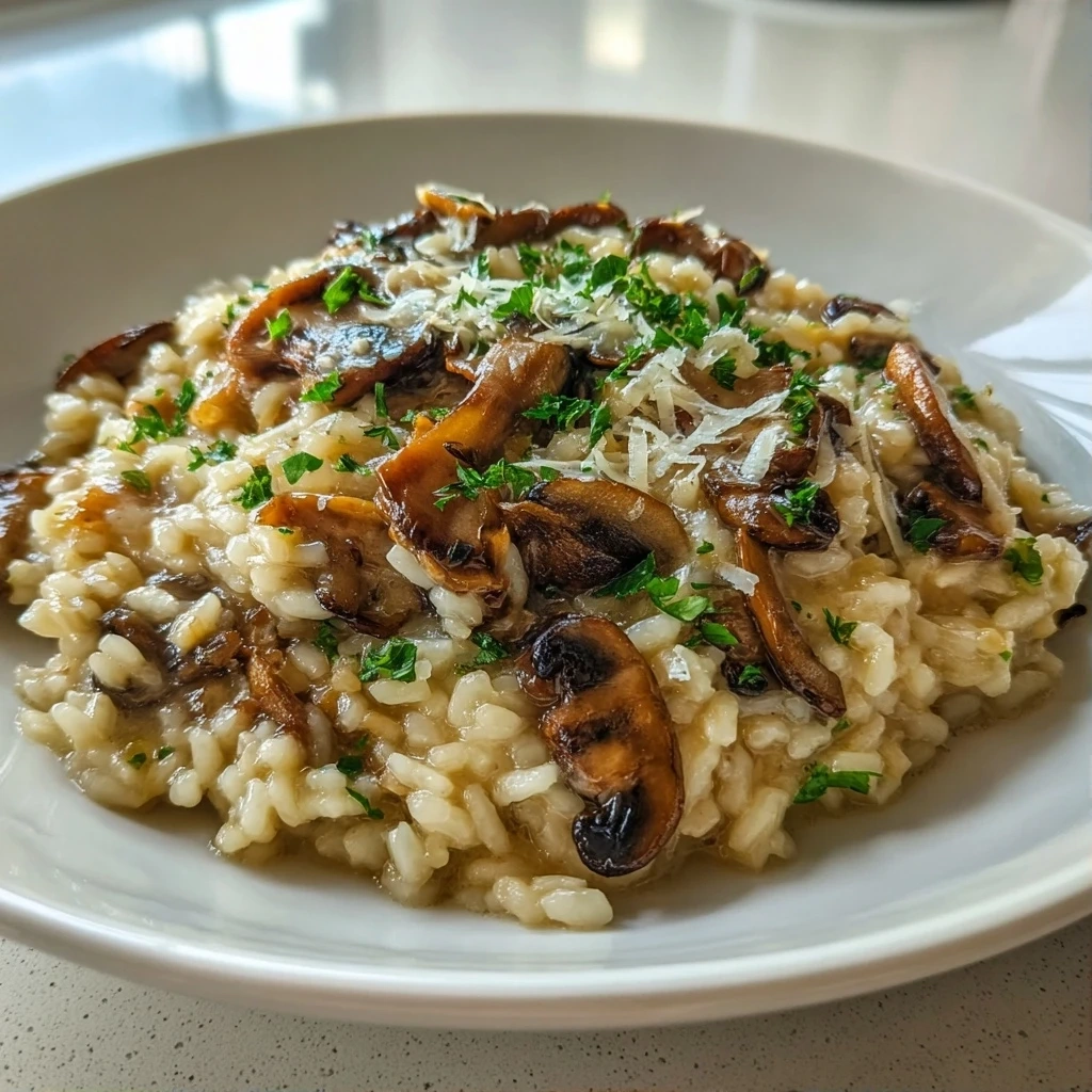 A bowl of delicious mushroom risotto garnished with parsley