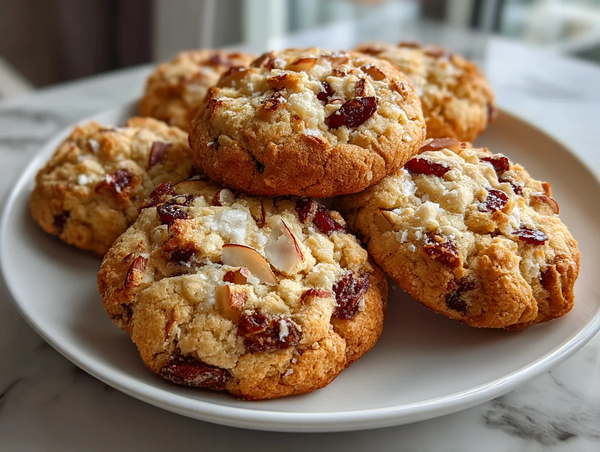 Finished Almond Cherry Cookies on a plate, ready to eat