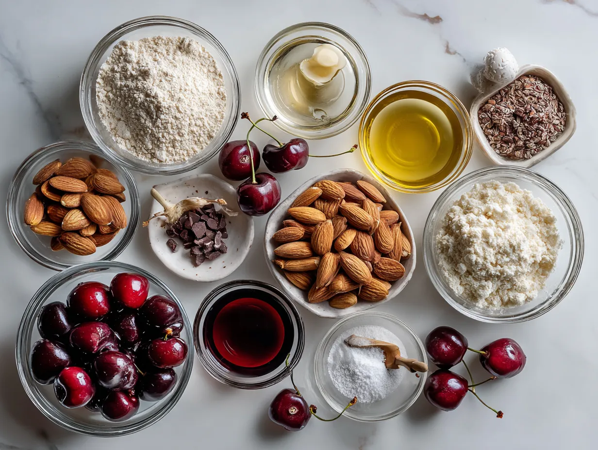 Ingredients for making Almond Cherry Cookies including almond flour, cherries, sweetener, and almonds