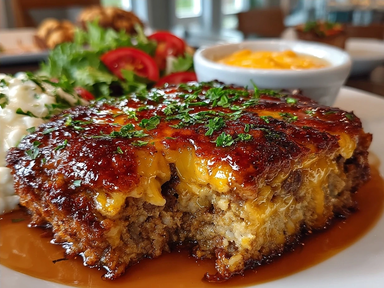 Finished Amish Hamburger Steak Bake with melted cheese, parsley garnish.