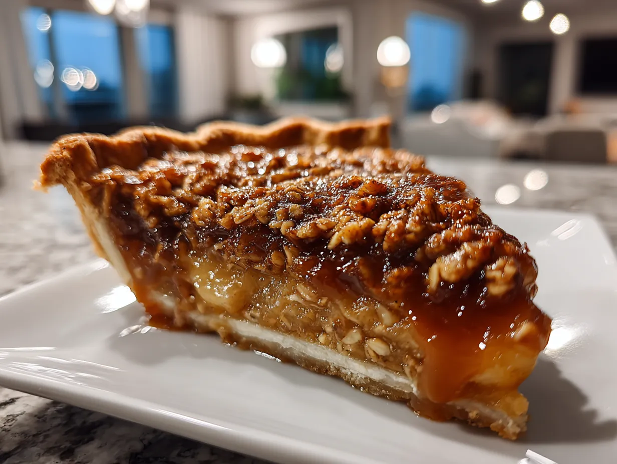 Finished Apple Butter Pie with Cinnamon Oat Topping Recipe, golden brown and ready to serve