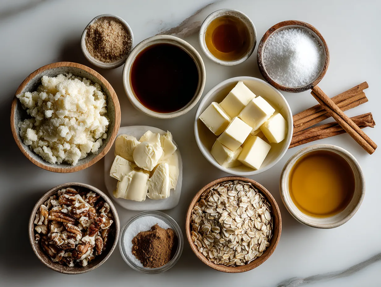 Ingredients for Apple Butter Pie with Cinnamon Oat Topping Recipe including pie crust, apple butter, oats, flour, brown sugar, cinnamon, butter, milk, and sugar