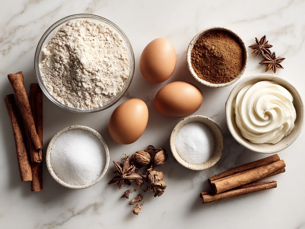 Ingredients for Apple Butter Pie with Cinnamon Whipped Cream including pie crust, apple butter, flour, sugar, spices, and heavy cream.