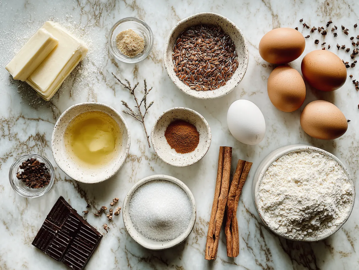Apple cider cheesecake ingredients including graham crackers, butter, cream cheese, and spices.